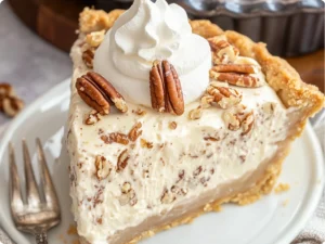 Homemade pecan cream pie in a glass pie dish, with a buttery crust and a rich, nutty filling, ready to be served.