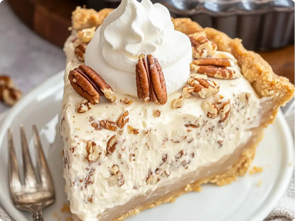 Homemade pecan cream pie in a glass pie dish, with a buttery crust and a rich, nutty filling, ready to be served.