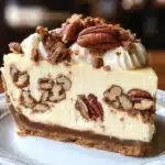 Kentucky Derby Pecan Pie Cheesecake – Southern Dessert 10 Derby Day cheesecake dessert slice loaded with pecans, vanilla cheesecake filling, and whipped cream topping