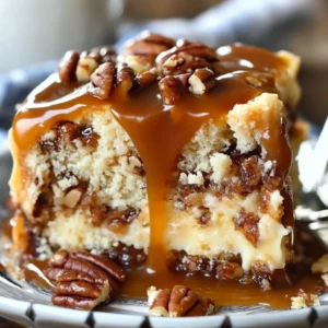 Butter Pecan Praline Poke Cake topped with caramel sauce and pecans on a serving tray
