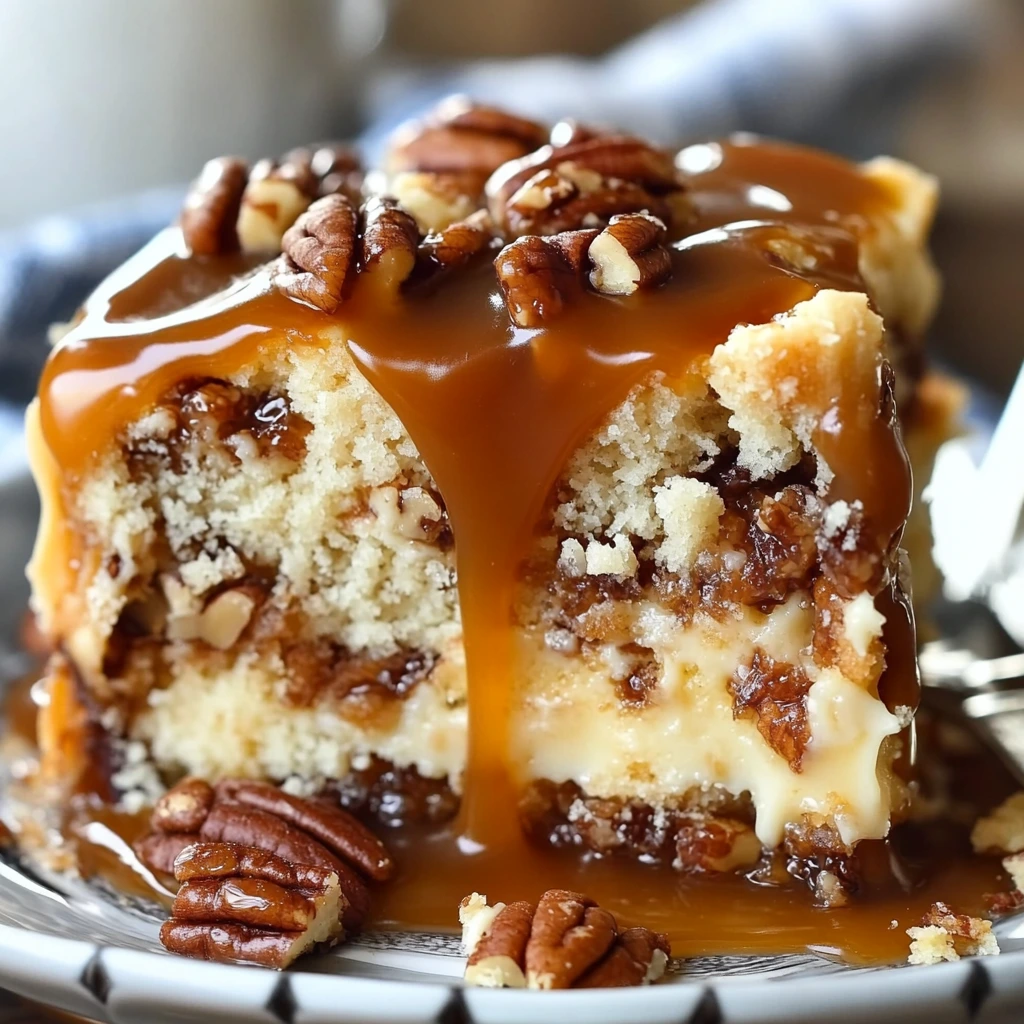 Butter Pecan Praline Poke Cake topped with caramel sauce and pecans on a serving tray