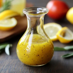 Glass jar of fresh lemon vinaigrette with sliced lemons and herbs on the side