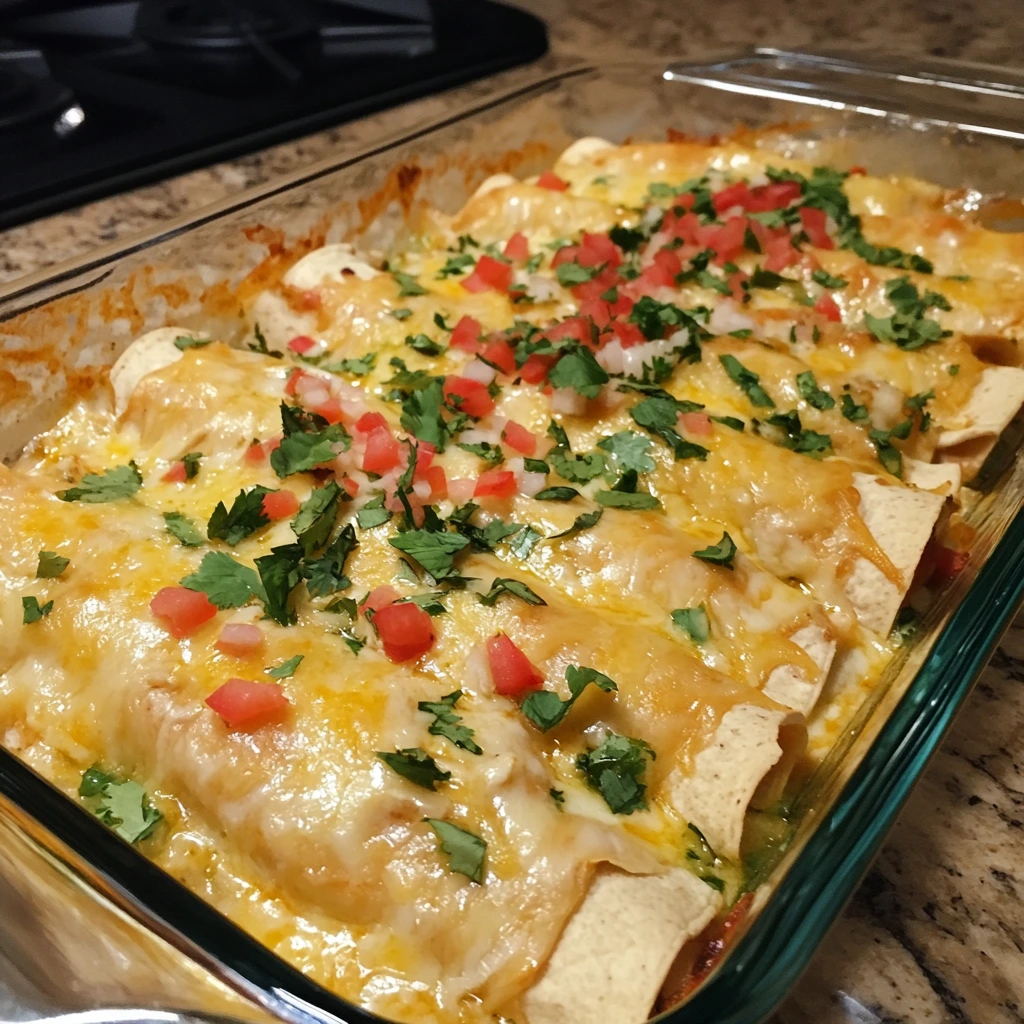Cheesy chicken enchiladas with green chilies