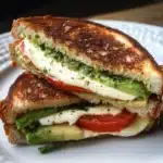 Quick Avocado, Mozzarella, and Tomato Grilled Cheese 8 Creamy avocado, mozzarella, and tomato grilled cheese sandwich with golden, crispy bread.