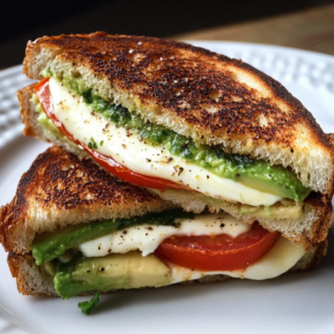 Creamy avocado, mozzarella, and tomato grilled cheese sandwich with golden, crispy bread.
