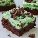 Fudgy mint chocolate chip brownies topped with mint frosting and chopped Andes mints