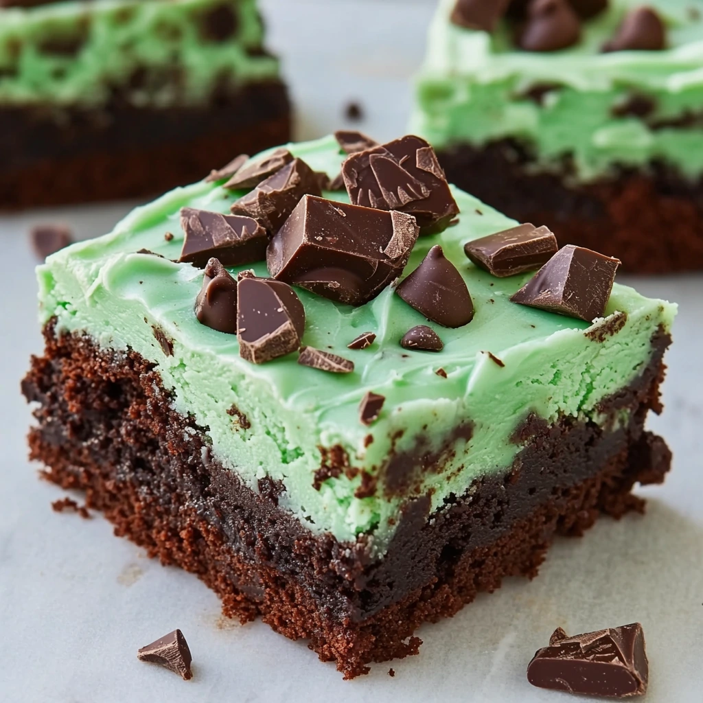 Fudgy mint chocolate chip brownies topped with mint frosting and chopped Andes mints