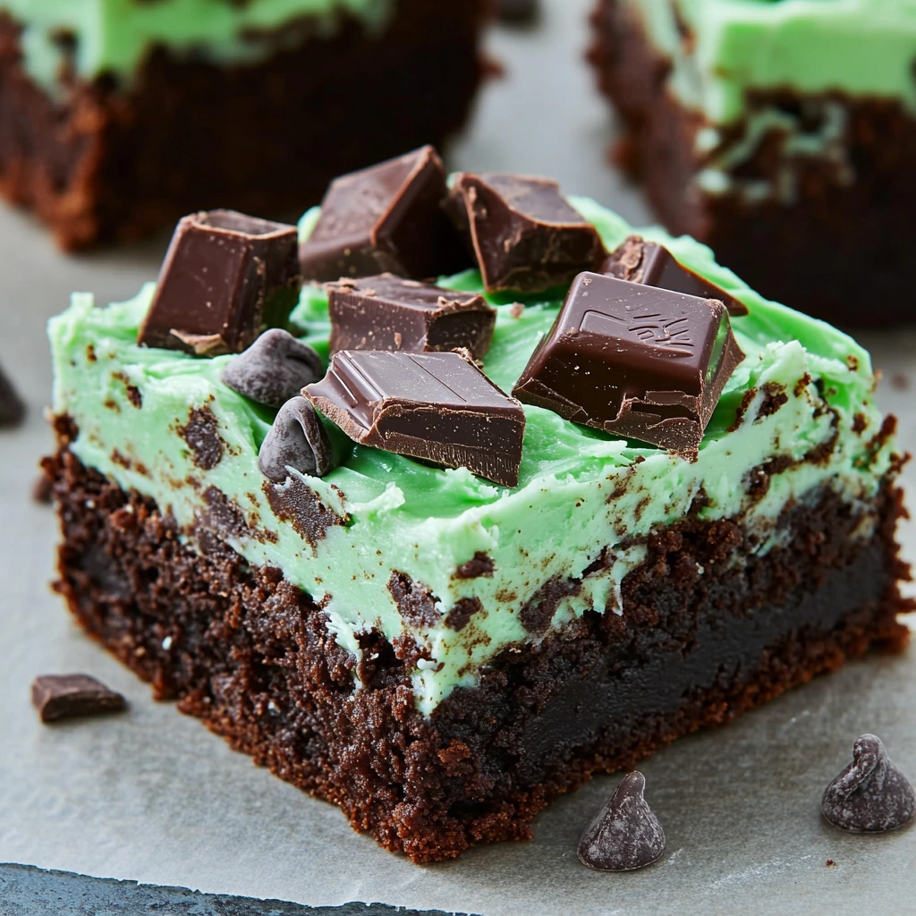 Fudgy mint chocolate chip brownies topped with mint frosting and chopped Andes mints
