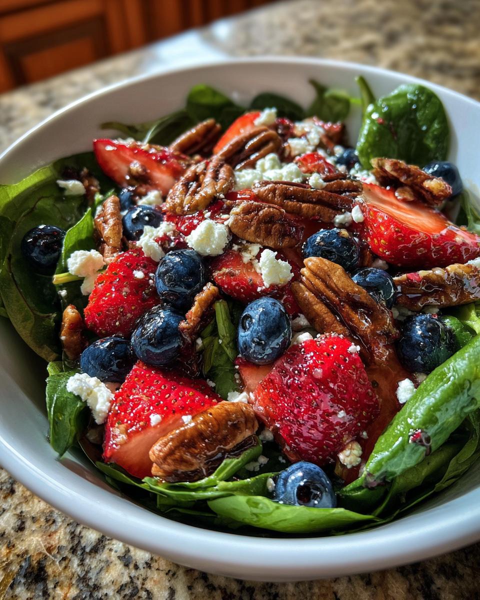 30-Minute Strawberry Spinach Salad – A Flavor Explosion! 5 30-Minute Strawberry Spinach Salad with Blueberries Pecans Feta cheese and a Balsamic glaze - detail 1