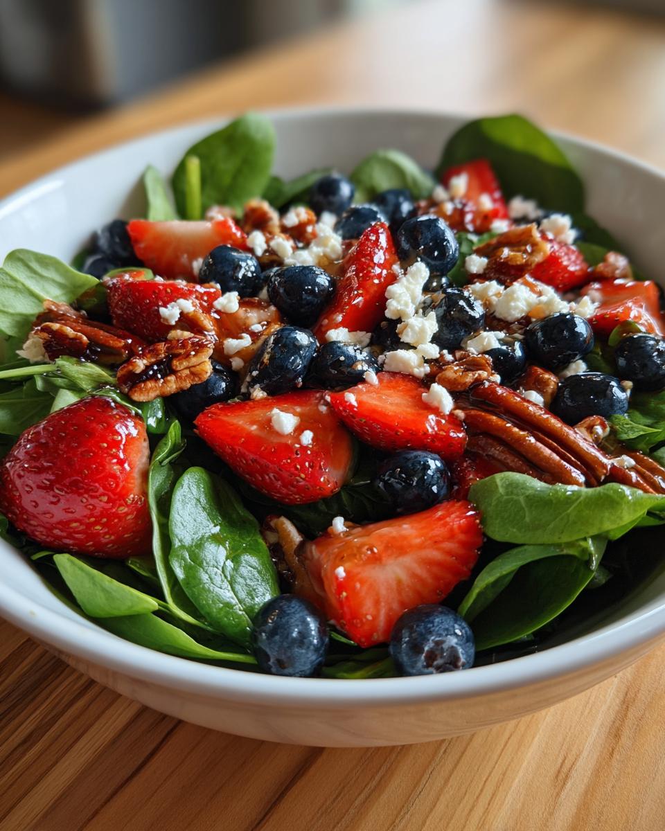 30-Minute Strawberry Spinach Salad – A Flavor Explosion! 6 30-Minute Strawberry Spinach Salad with Blueberries Pecans Feta cheese and a Balsamic glaze - detail 2