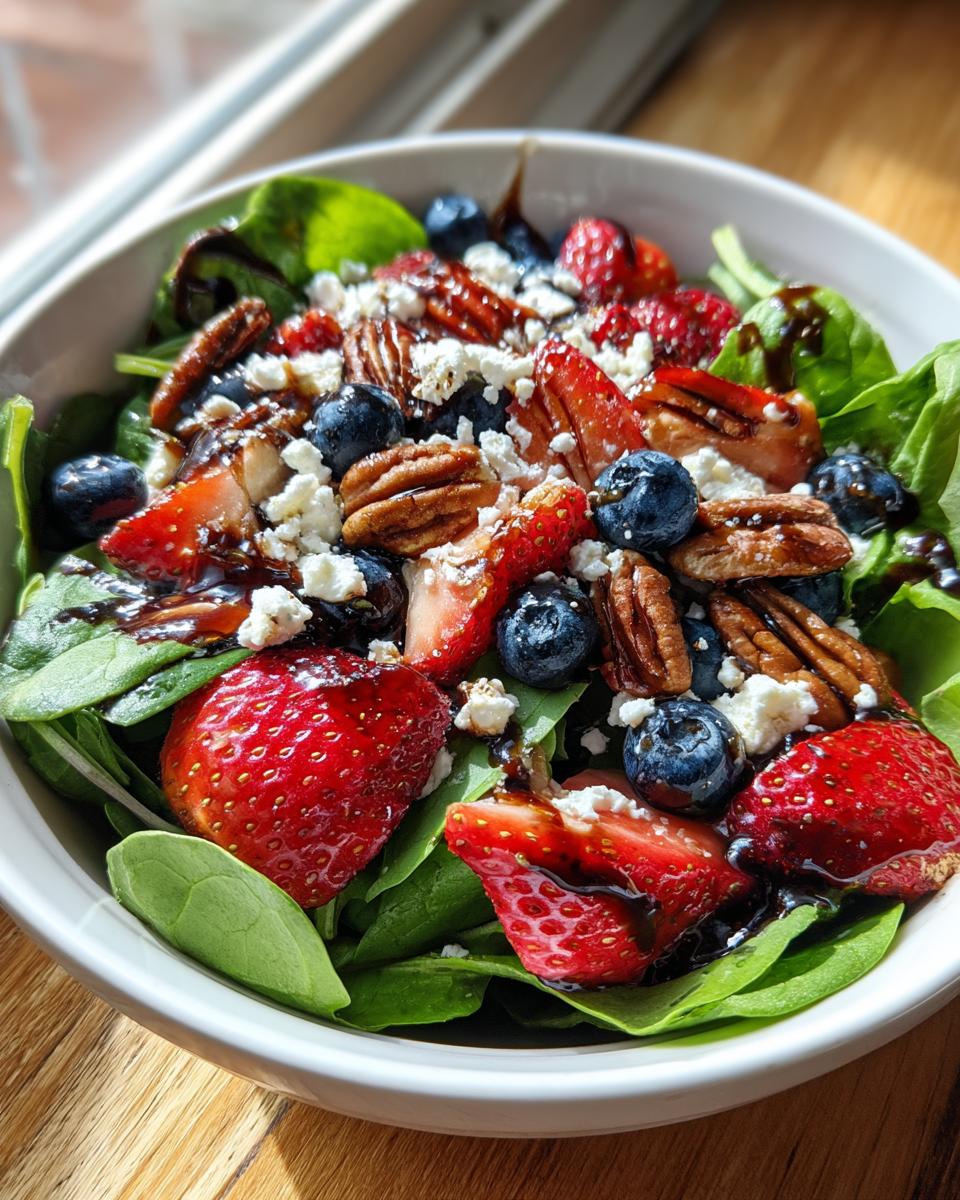 30-Minute Strawberry Spinach Salad – A Flavor Explosion! 7 30-Minute Strawberry Spinach Salad with Blueberries Pecans Feta cheese and a Balsamic glaze - detail 3