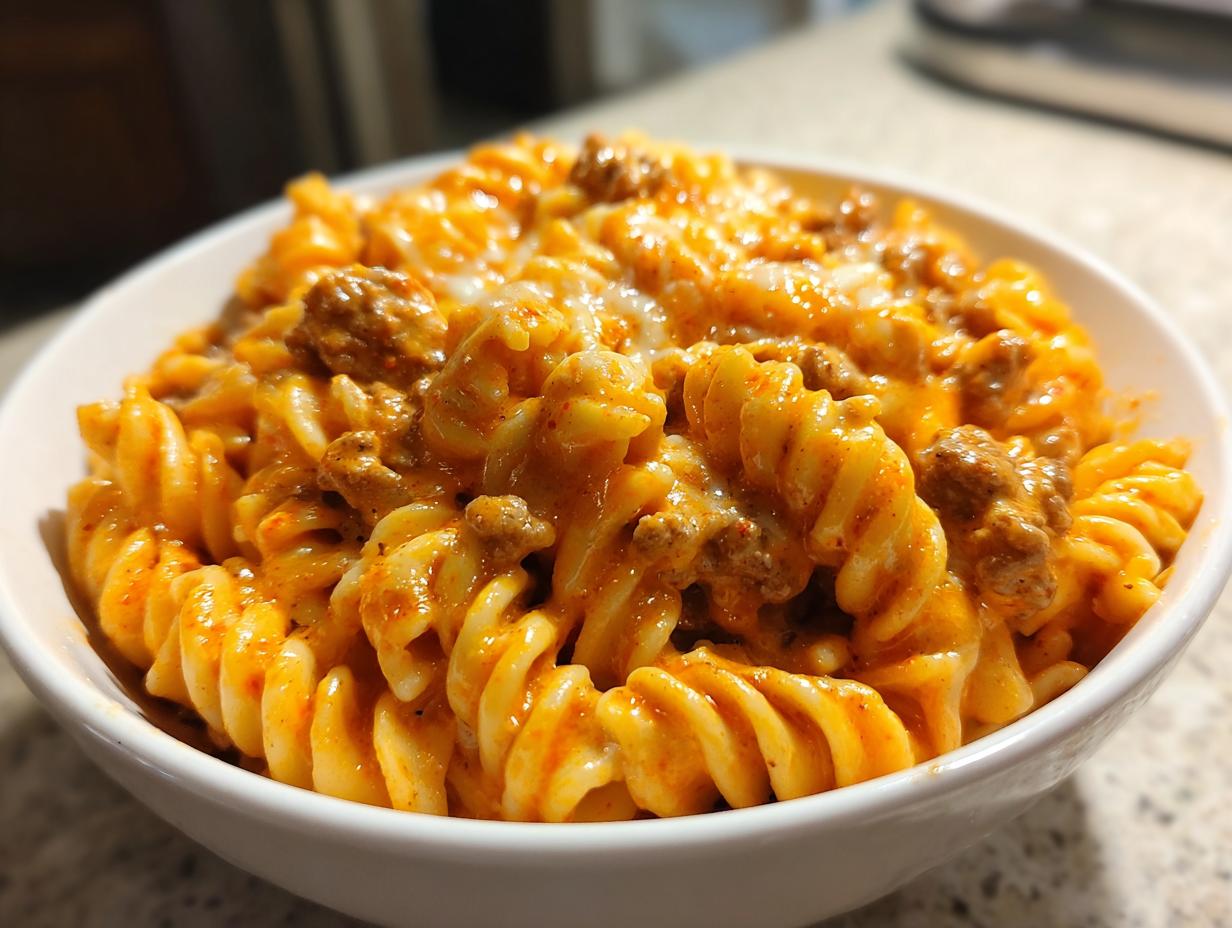 Cajun Cheesy Beef Rotini in Creamy Garlic Sauce