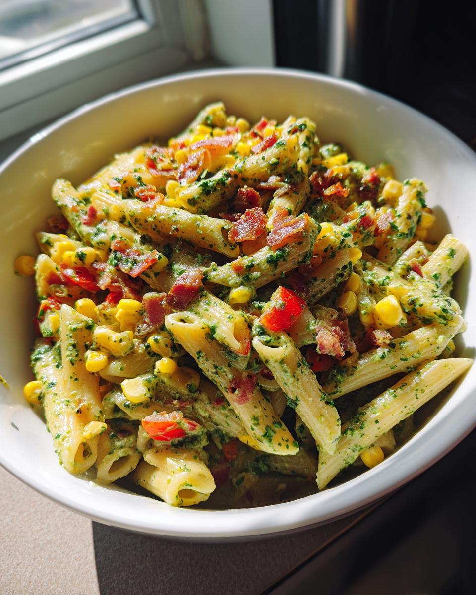 Corn Pasta Salad with Bacon, Bell Pepper, and Creamy Pesto Dressing - detail 1
