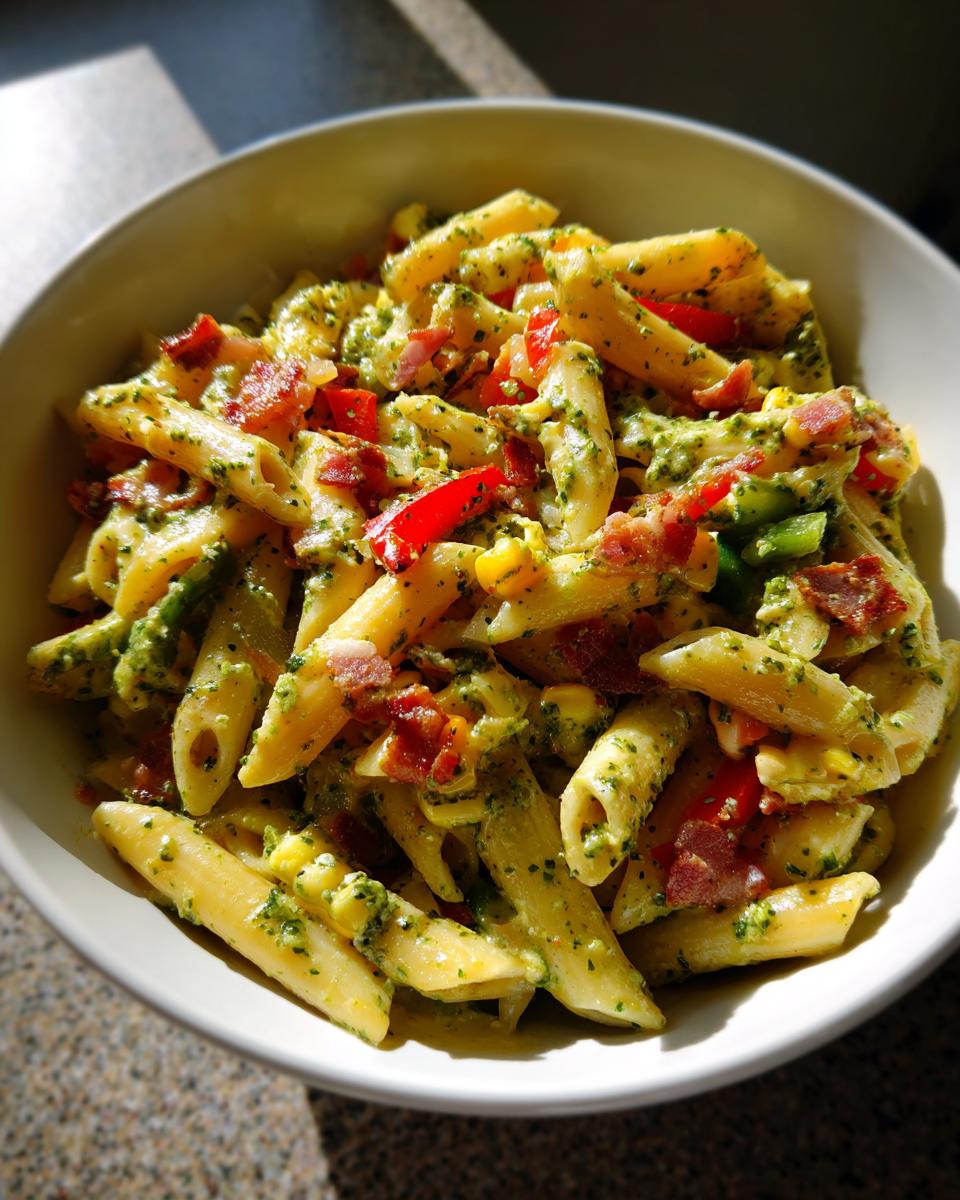 Corn Pasta Salad with Bacon, Bell Pepper, and Creamy Pesto Dressing - detail 2