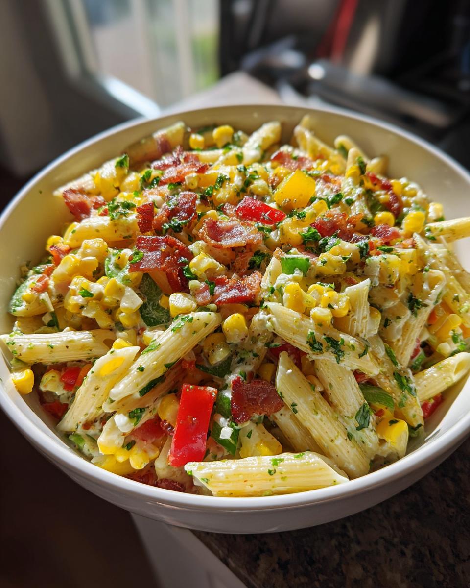 Corn Pasta Salad with Bacon, Bell Pepper, and Creamy Pesto Dressing - detail 3