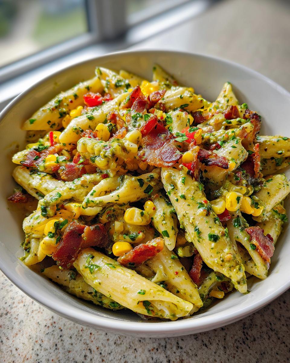 Corn Pasta Salad with Bacon, Bell Pepper, and Creamy Pesto Dressing - detail 4