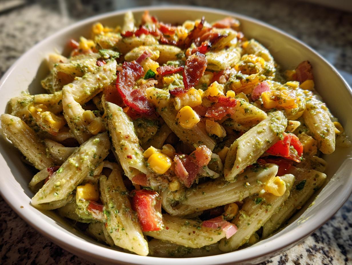Corn Pasta Salad with Bacon, Bell Pepper, and Creamy Pesto Dressing