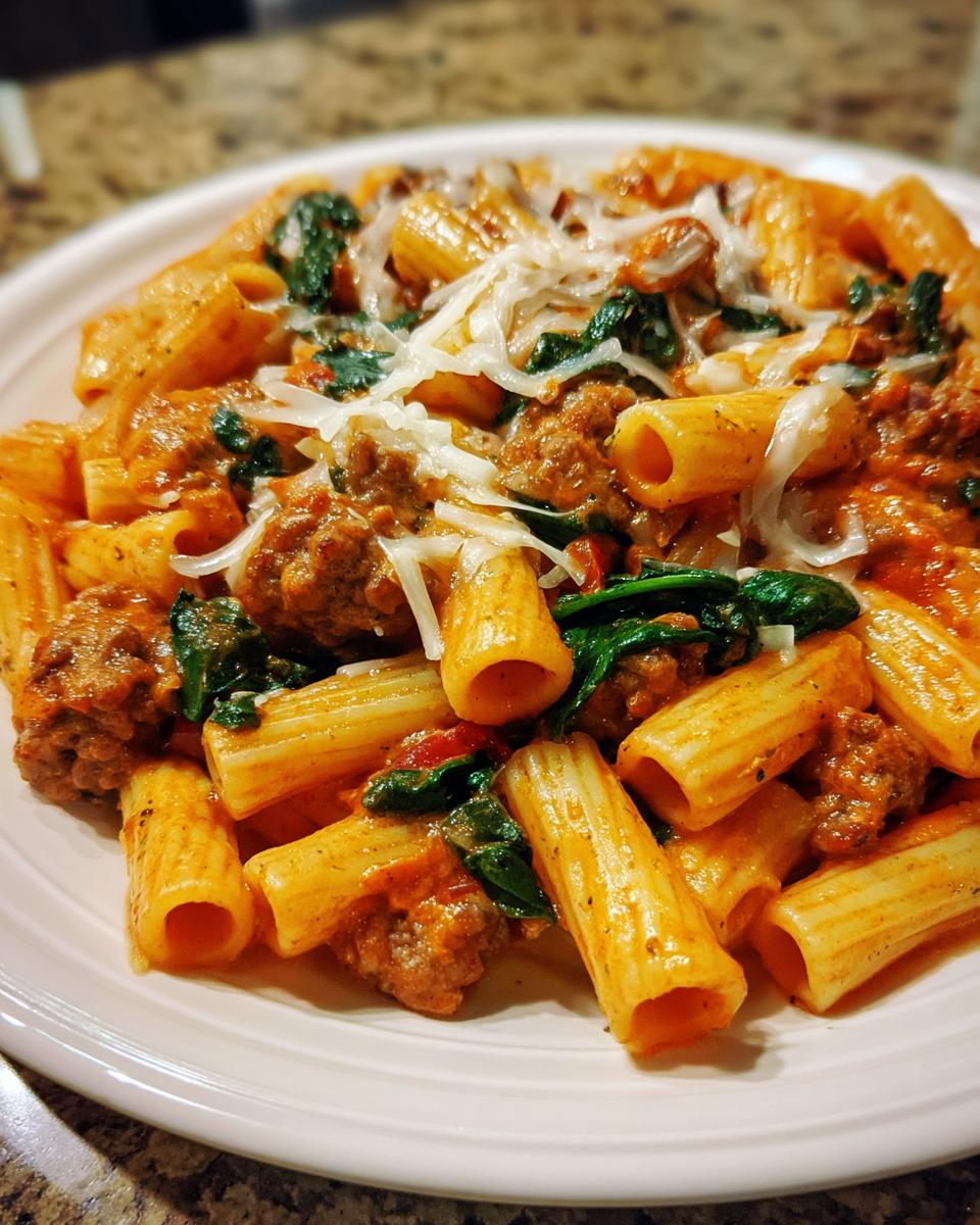 Creamy Sausage Rigatoni Recipe: 30 Minute Comfort Food 4 Creamy Sausage Rigatoni with Spinach, Garlic, and Tomato Cream Sauce - detail 1