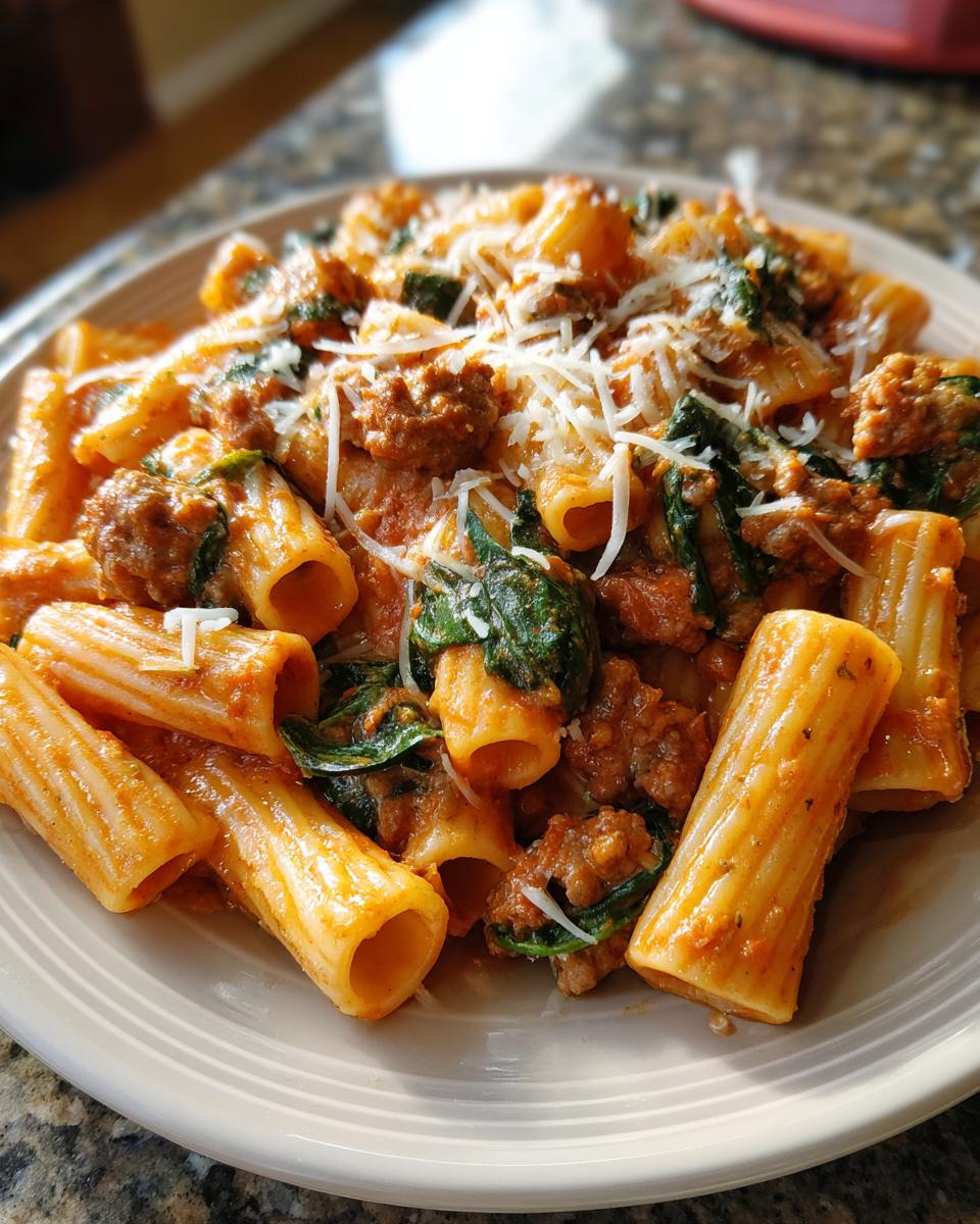 Creamy Sausage Rigatoni Recipe: 30 Minute Comfort Food 5 Creamy Sausage Rigatoni with Spinach, Garlic, and Tomato Cream Sauce - detail 2