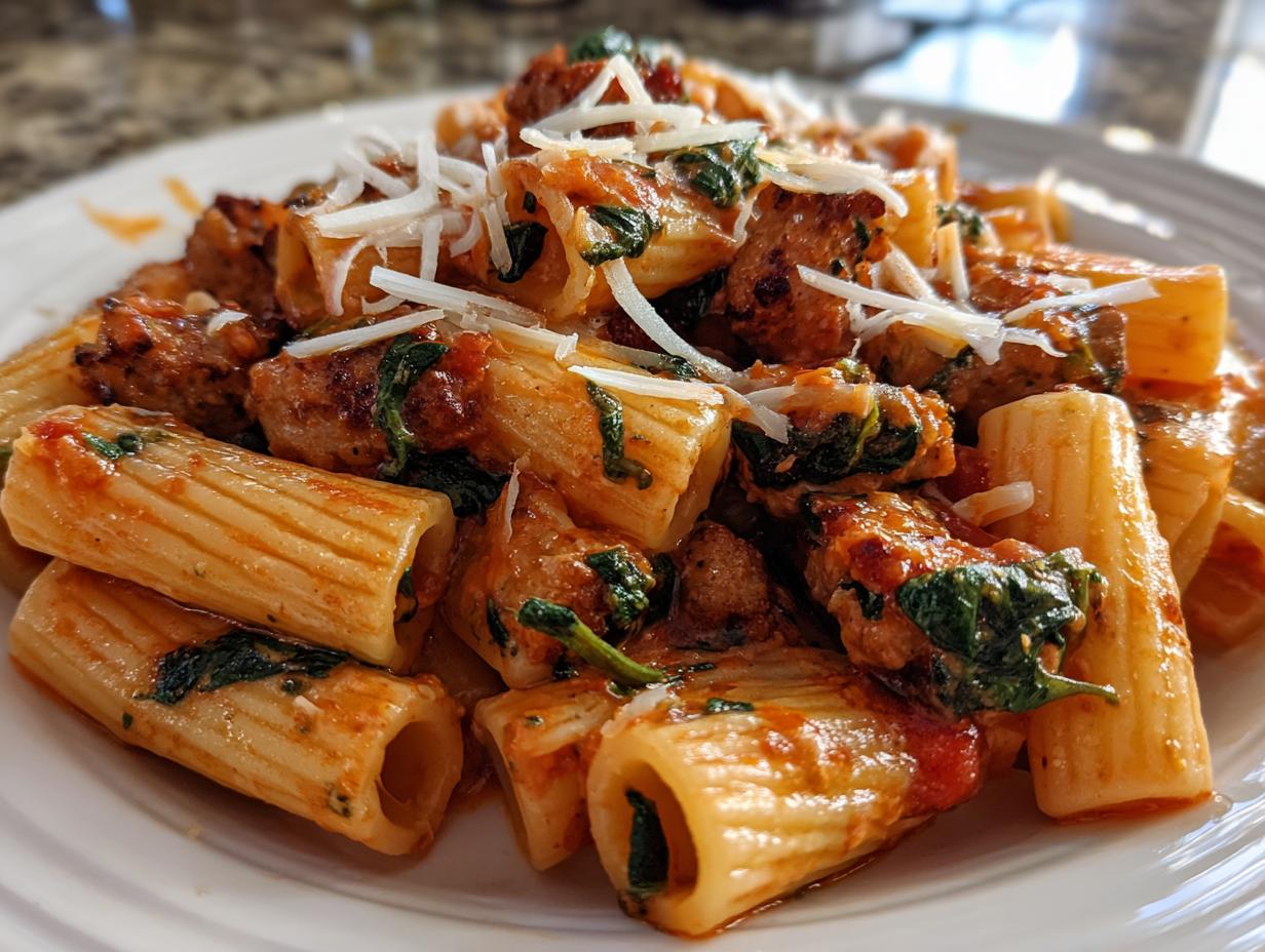 Creamy Sausage Rigatoni with Spinach, Garlic, and Tomato Cream Sauce
