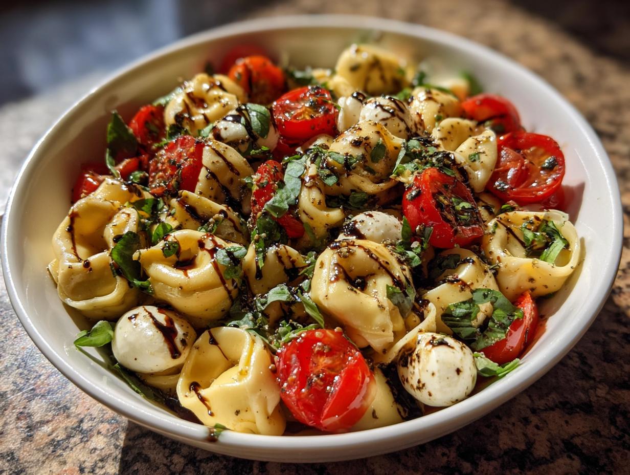 Easy Tortellini Caprese Pasta Salad with Balsamic Glaze