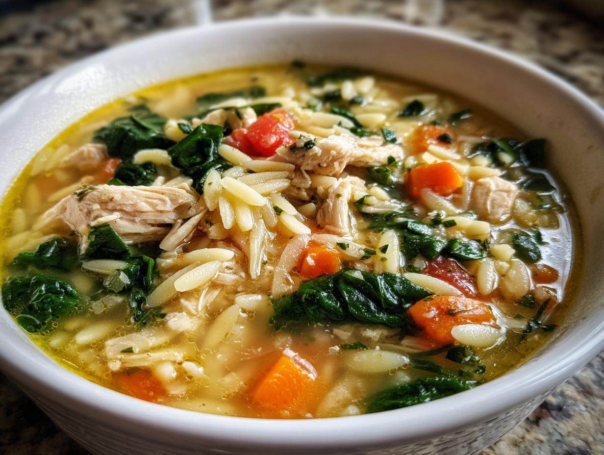 Refreshing Lemon Chicken Orzo Soup with Spinach and Veggies