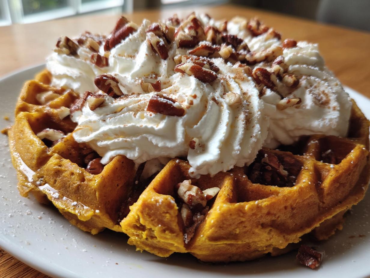 Pumpkin Waffles with Whipped Cream and Pecans