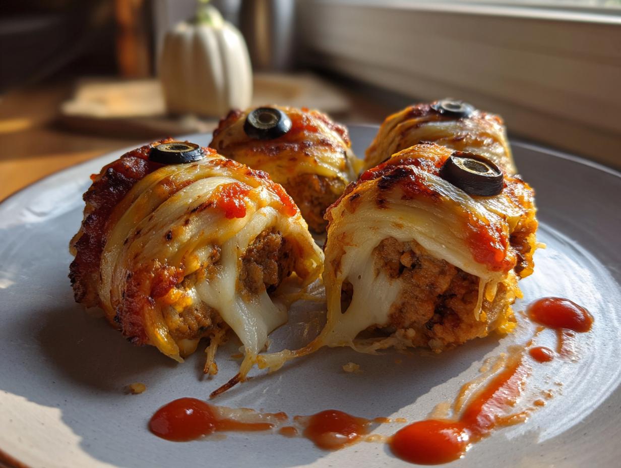 Mozzarella-Bandaged Mummy Meatballs