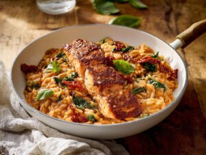 Home 4 Creamy Sun-Dried Tomato Salmon & Orzo