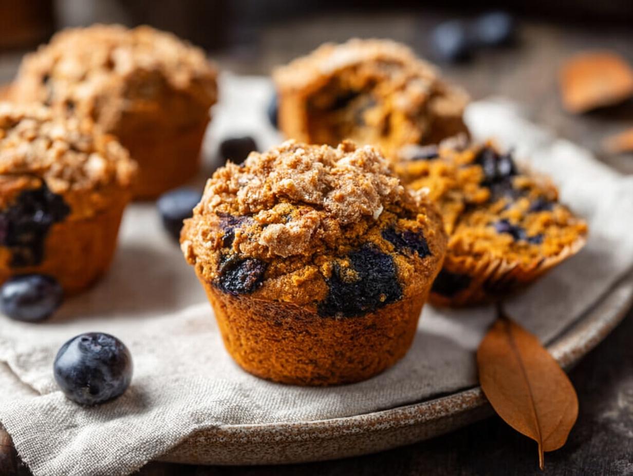 Healthy Whole Grain Pumpkin Blueberry Muffins