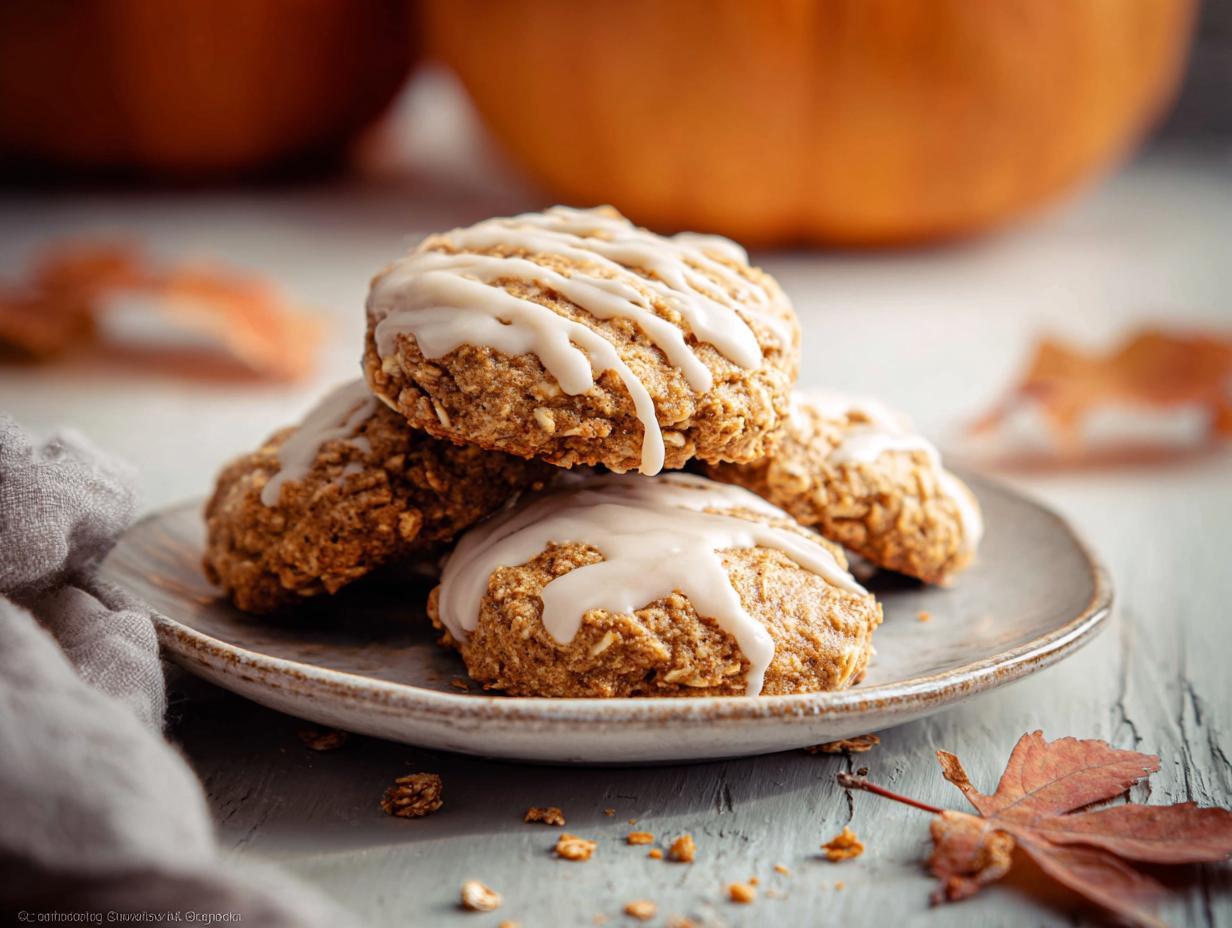 Soft Pumpkin Oatmeal Cookies with Maple Icing