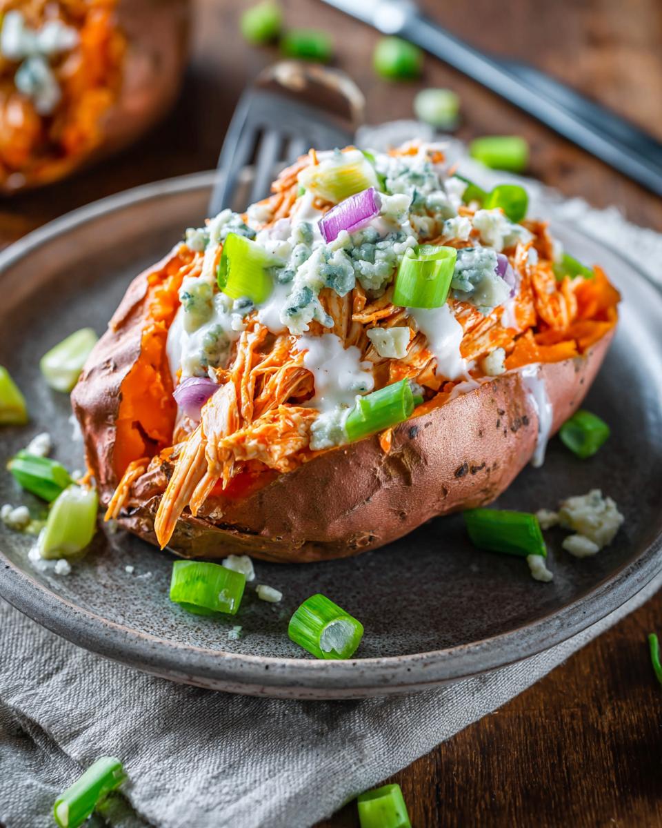 Buffalo Chicken Stuffed Sweet Potatoes: 28g Protein Feast 3 Buffalo Chicken Stuffed Sweet Potatoes - detail 1