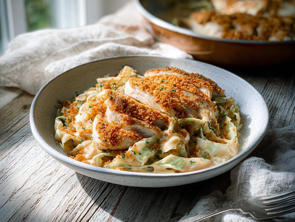 Cabbage Alfredo with Garlic Chicken & Crispy Breadcrumbs