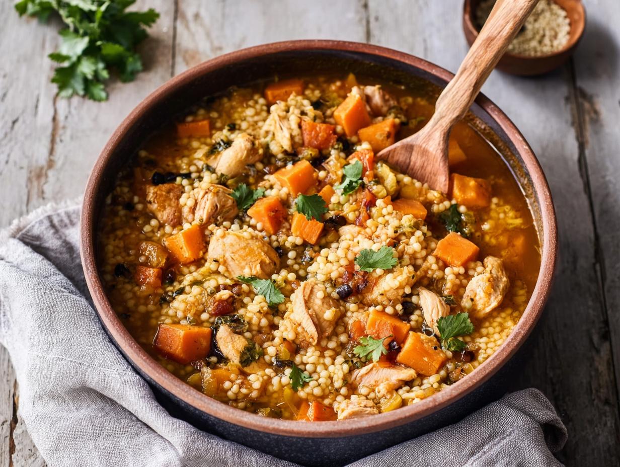 One Pot Moroccan-Spiced Chicken Stew with Sweet Potato & Couscous