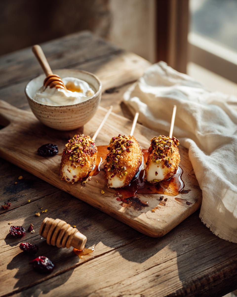 Pistachio-Crusted Pear Skewers a Creamy 20-Minute Hit 3 Pistachio-Crusted Pear Skewers with Whipped Brie & Cherry Honey - detail 1