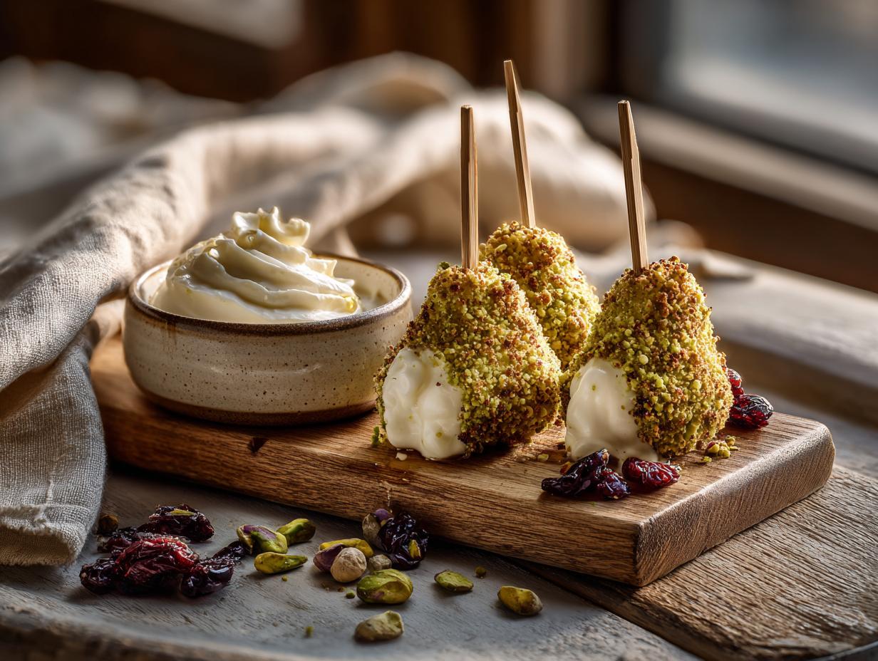 Pistachio-Crusted Pear Skewers with Whipped Brie & Cherry Honey